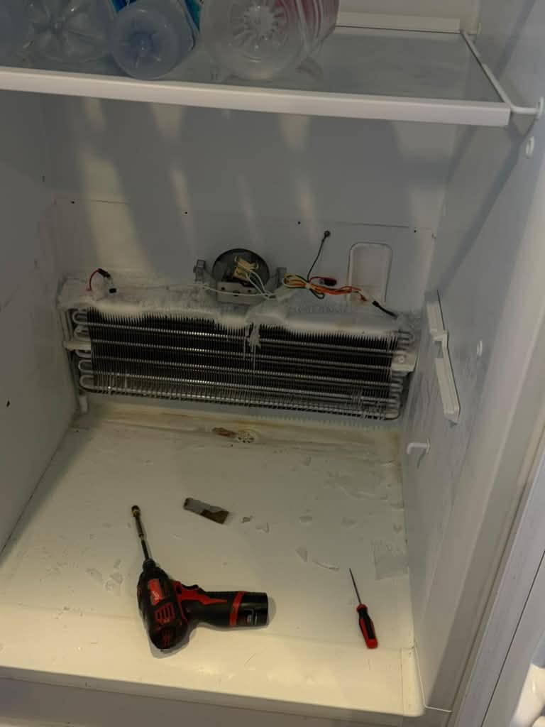 Open freezer compartment showing frosted evaporator coils and fan housing