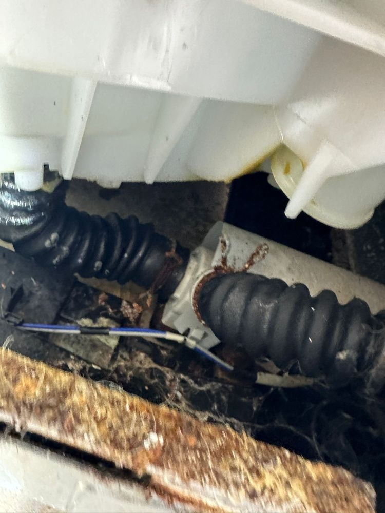 Interior view of a washer cabinet showing the rubber shock absorber boots and suspension rods during an inspection